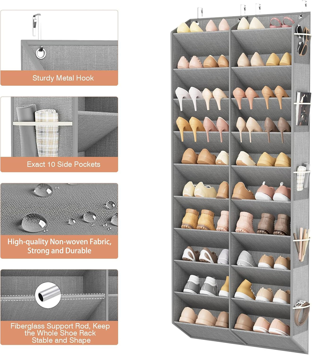 LANTEFUL Over the Door Shoe Organizer, Hanging Shoe Rack for Closet Door Shoe Storage for 30 Pairs Sneaker and Boots, Large Shoe Holder for Door with 10 Side Pockets, Space Saving, Grey