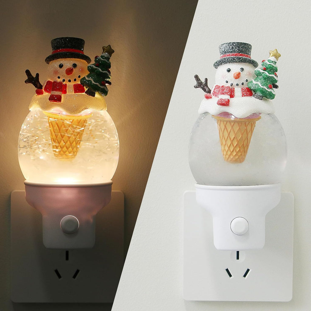 Christmas Snowman Night Light Plug into Wall Swirling Glitter USB Portable Christmas Decorative Night Light Decoration for Bedroom Kitchen Living Room Holiday Decor (Snowman Cookie Cone)