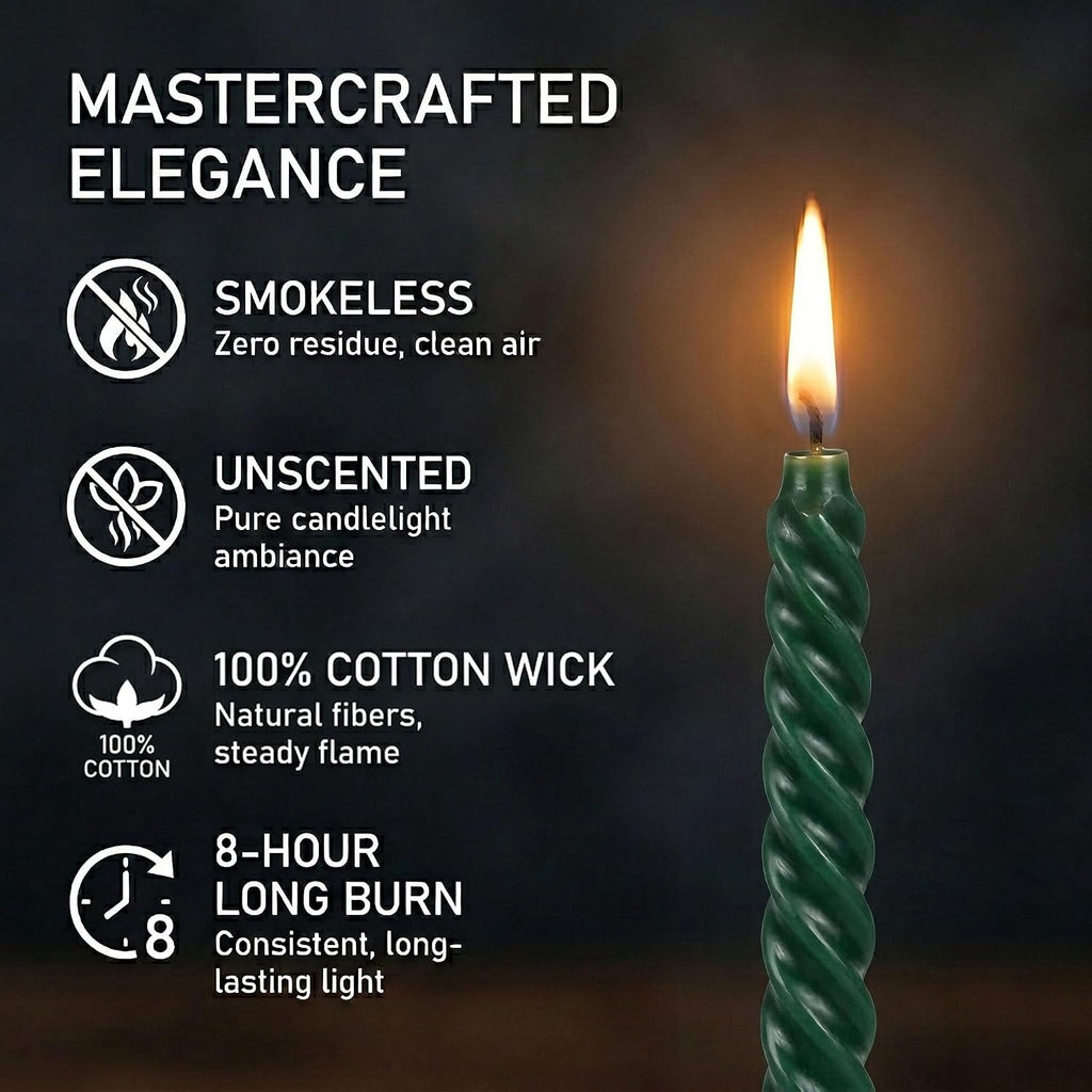 Hunter Green Spiral Taper Candles 4 Pack 7/8 X 10 Inch Smokeless Unscented Long Tall Twisted Candle Sticks for Christmas Holiday Home Decor Dinner Table Party Wedding Candlesticks