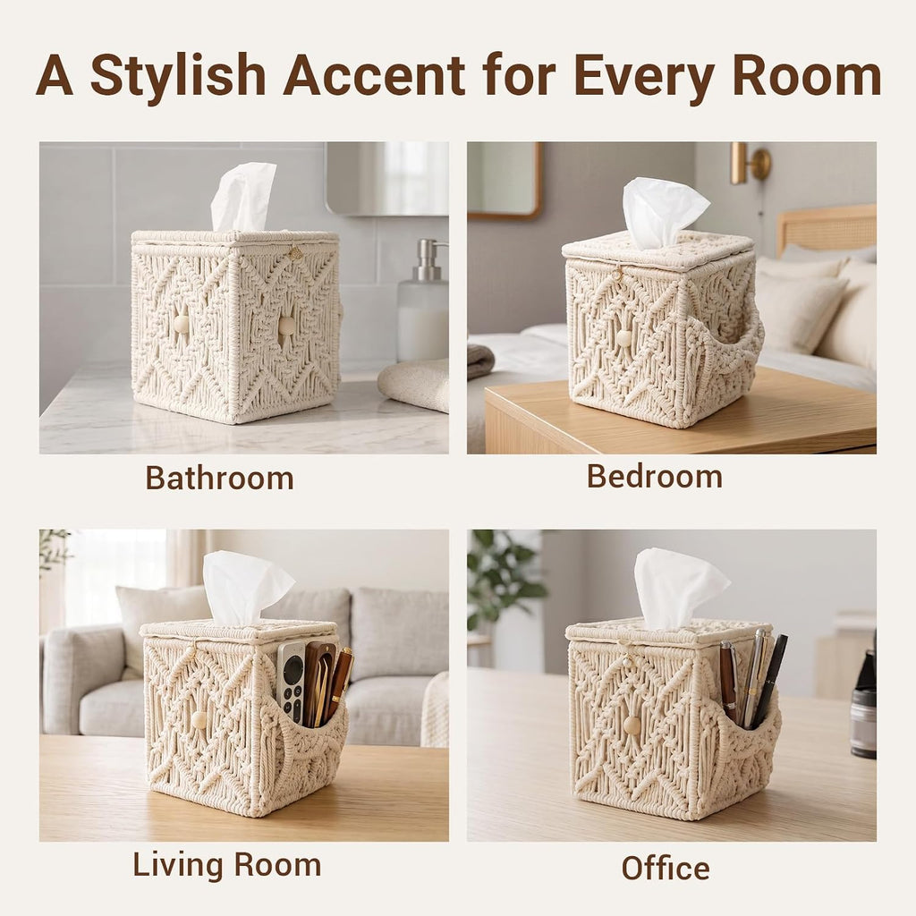 Macrame Tissue Box Cover, Boho Square Tissue Holder, Handmade Woven Cotton Rope Decorative Facial Tissue Dispenser for Bathroom Vanity, Living Room, Bedroom and Office, Off-White