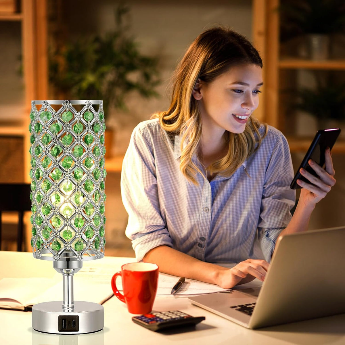 Green Crystal Bedside Lamp, Nightstand Lamp for Bedroom (Bulb included)
