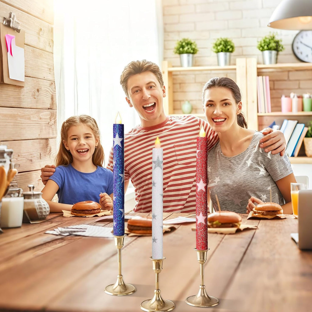 6 Pcs Patriotic Flameless Taper Candles, Glitter Red White and Blue Star Candles for 4th of July 250th Anniversary of Independence Day Home Party Decor, Battery Operated LED Candlesticks