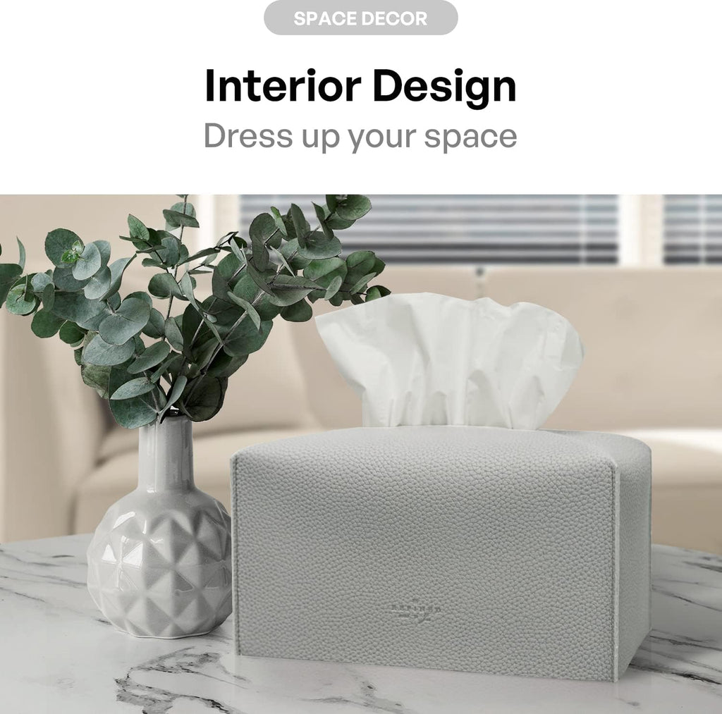 Carrotez Tissue Box Cover, [Refined] Modern PU Leather Rectangular Tissue Box Holder - Decorative Holder/Organizer for Bathroom Vanity Countertop, Night Stands, Office Desk 9.5"X5"X5" - Pastel Grey