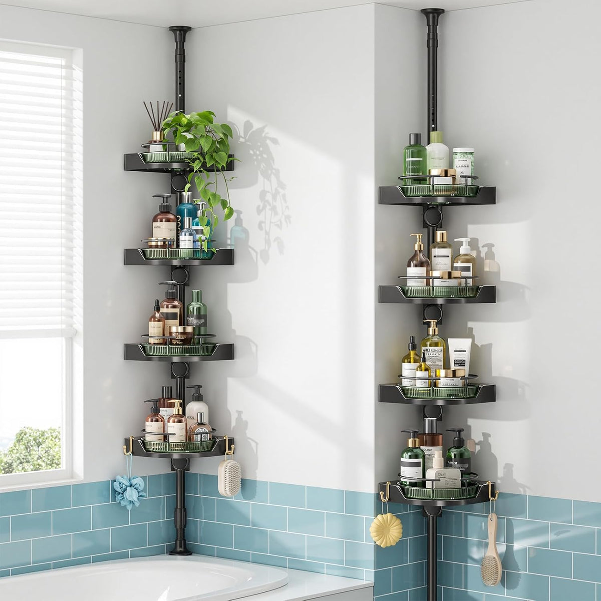 AKINBAS 360° Rotating Shower Caddy Tension Pole with 4-Tier Rustproof Lazy Susan 35-128 Inch No Drilling Coner Shelves Adjustable Shower Rack for Bathroom Bathtub Washbasin Plant Storage (Black+Green)
