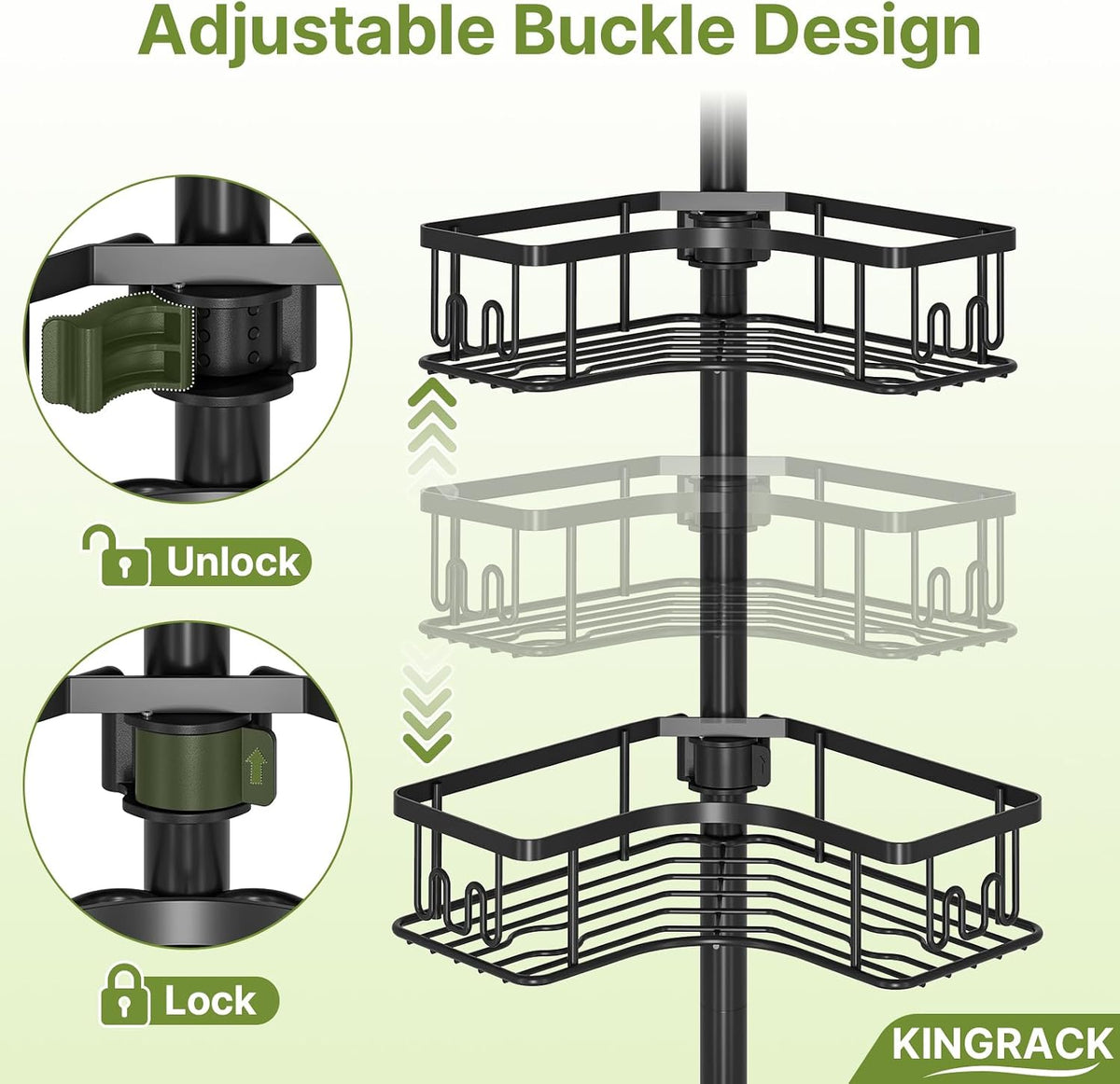 KINGRACK Corner Shower Caddy, 4‑Tier Tension‑Rod Shower Organizer, Black