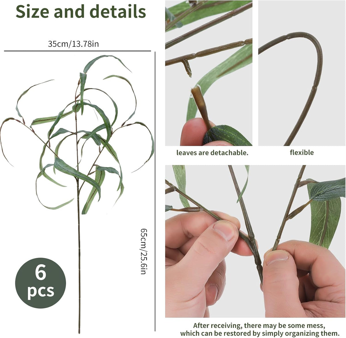 LFF 6Pcs Artificial Greenery Stems, 25.6" Faux Eucalyptus Leaves Branches