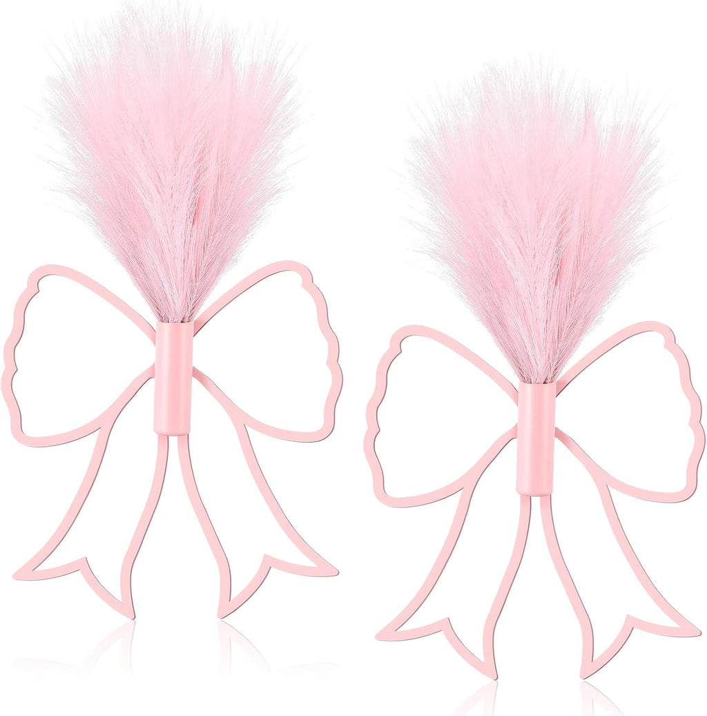 Weysat 2 Pcs Pink Bow Wall Decor Metal Art with Pampas Coquette Wall Decor