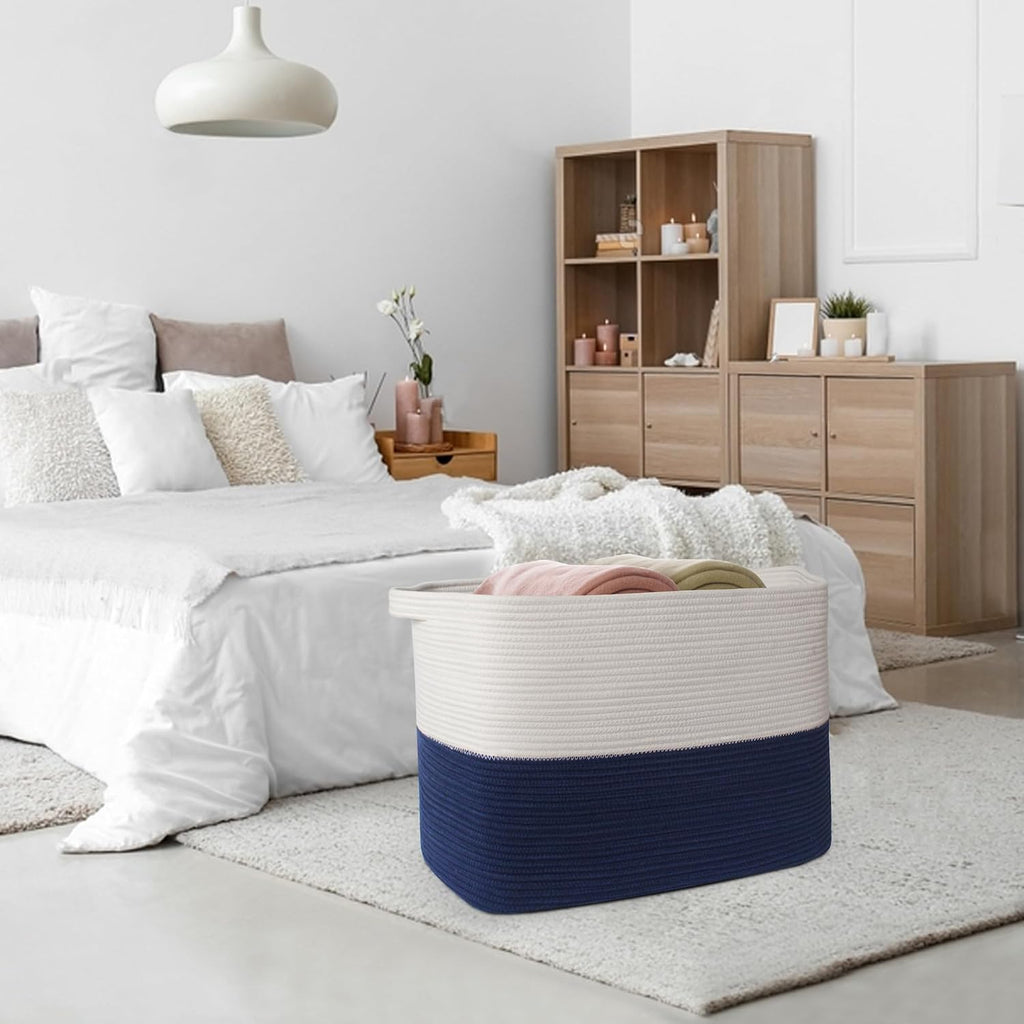 MEGASKET 108L Super Large Blanket Basket, 25" x 16" x 16" Jumbo Rectangle Basket for Blankets Living Room, Woven Cotton Rope Pillow Holder Organizer, Oversized Kids Dog Toy Storage Bin Box, Dark Blue