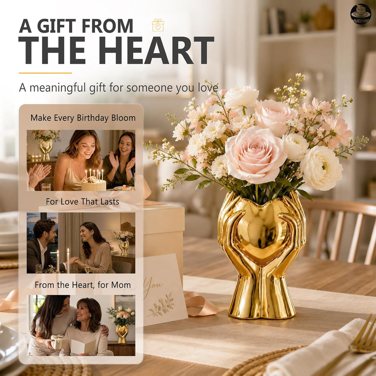 8" Heart Hand Gold Ceramic Vase - Unique Modern Aesthetic Flowers Vase for Living Room Bedroom Office Kitchen Table Centerpiece or Shelf Decor-Gifts for Wedding Bridal Shower Women Mom (Gold)
