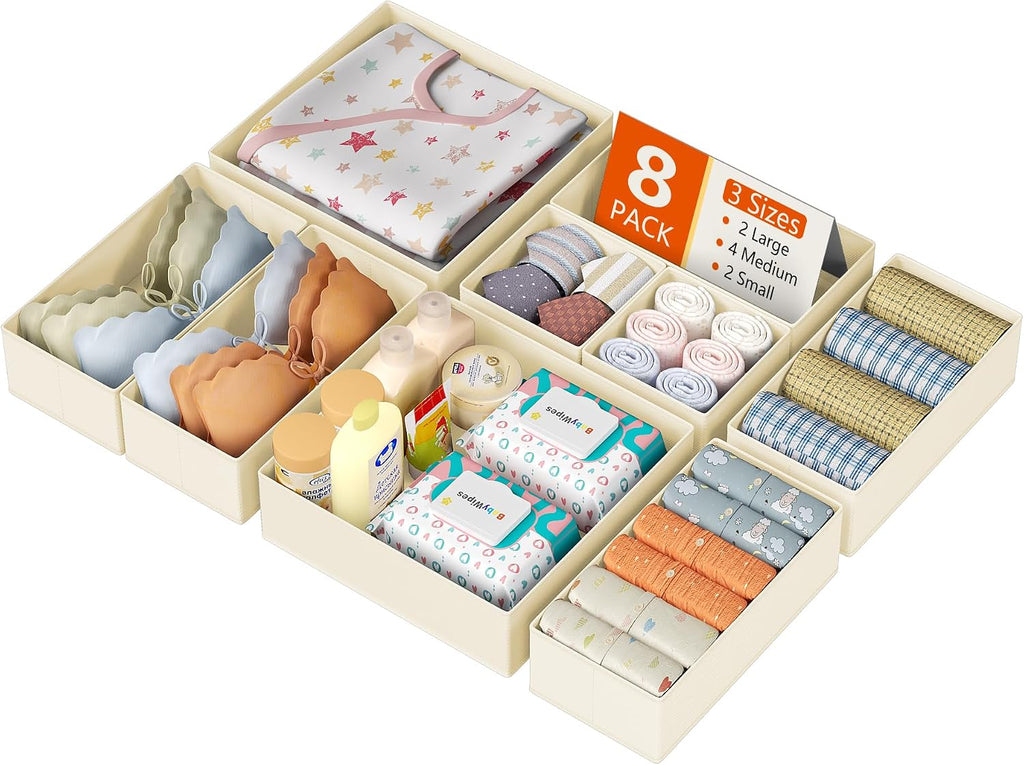 DIMJ Drawer Organizer Clothes, 8 Pack Dresser Organizer, Foldable Closet Organizers and Storage, Fabric Dresser Bins, Drawer Dividers for Nursery, Baby Clothes, Underwears, Sock (Beige)