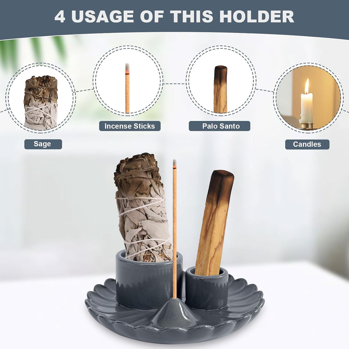 4 in 1 Incense Holder, Ceramic Palo Santo Holder, Sage Holder for Burning, 5.3" Ceramic Ash Catcher Tray for Meditation Yoga Room