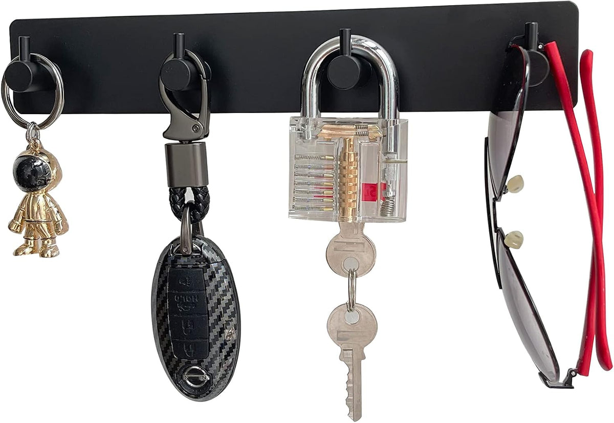 AXBUS Wall Mounted Key Holder,4 Key Hooks for Wall Decorative,Adhesive Key Organizer Key Hanger for Entryway, Kitchen, Bedroom,Bathroom - (Black, 4 Hooks)