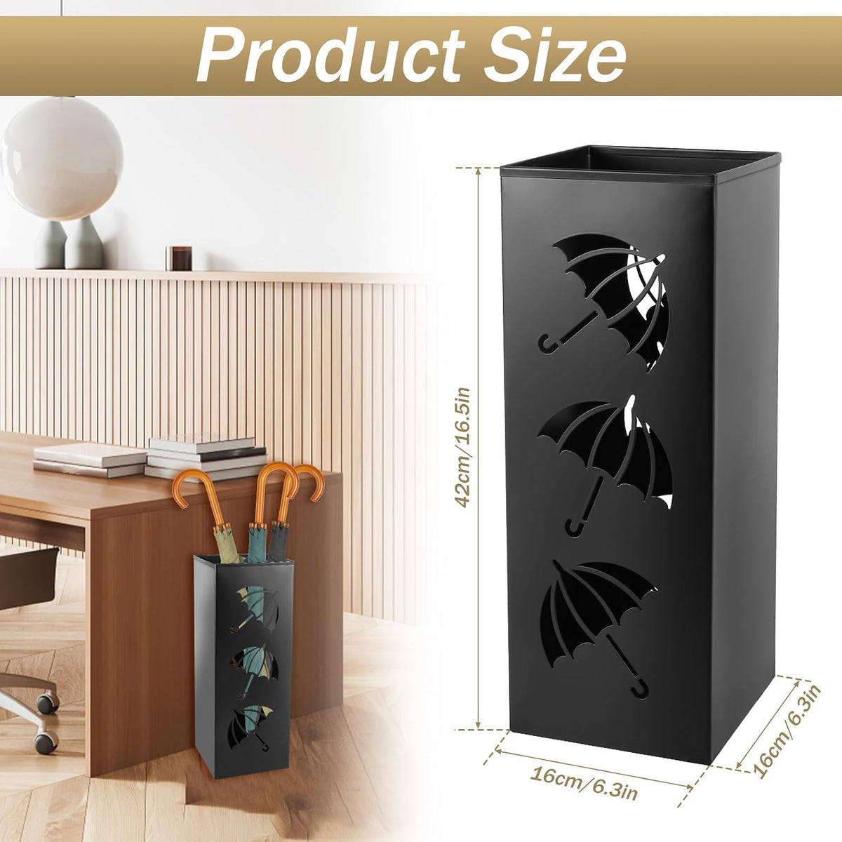 Metal Umbrella Holder, 16.5x6.3x6.3inch Square Free Standing Umbrella Rack Decorative Umbrella Holder Bin Multipurpose Walking Sticks Holder for Umbrella Cane Entryway Home Office (Style B)