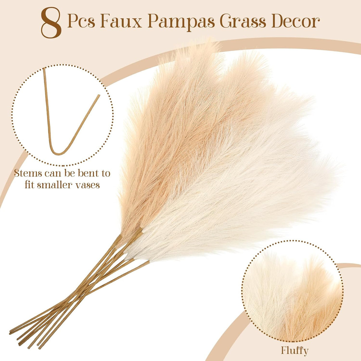Ouddy Decor 8 Pcs 38''/97cm Tall Faux Large Pampas Grass Decor, Mixed Beige