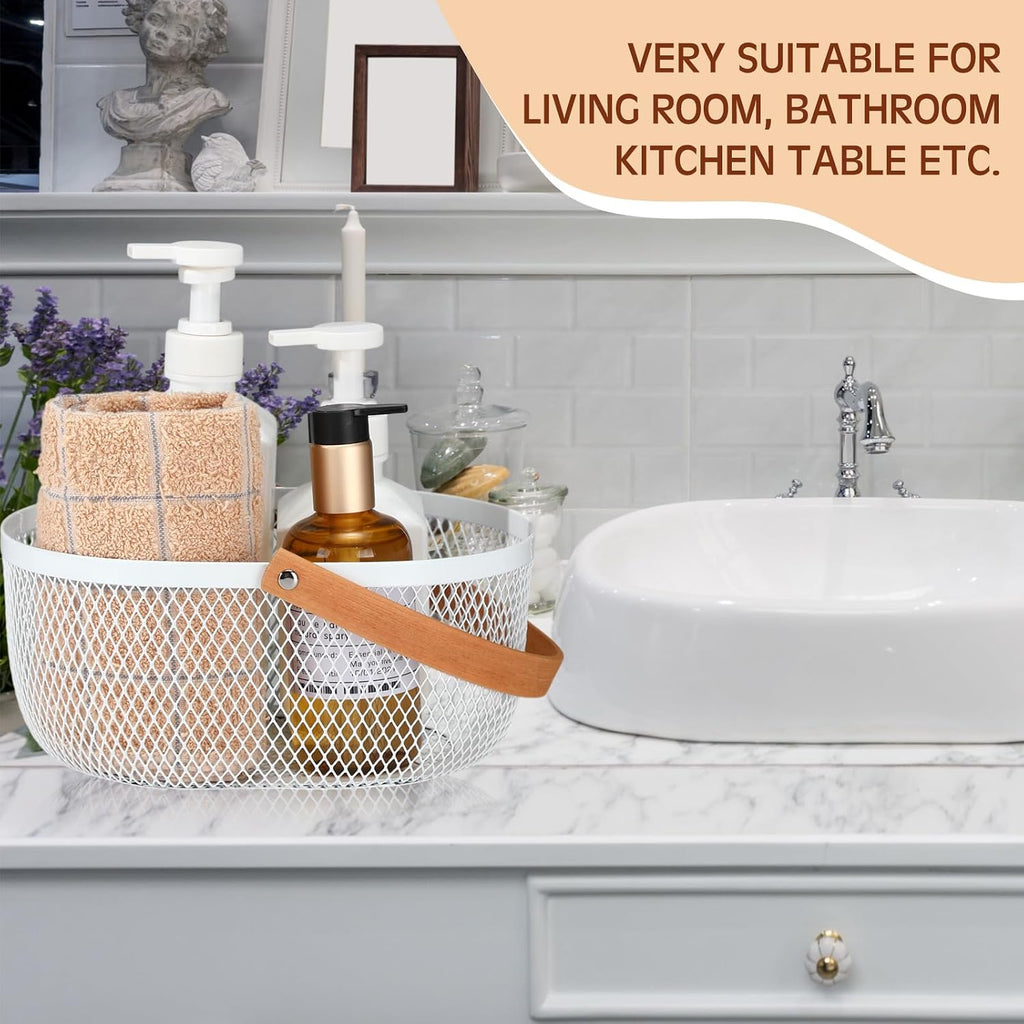 Maxcheck 4 Pcs Oval Metal Wire Baskets with Handles for Kitchen, White