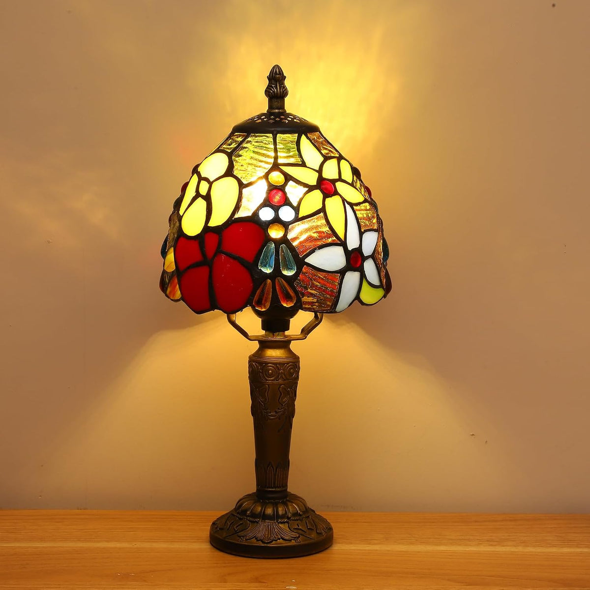 Tiffany Style Small Table Lamp,Rose Flower Stained Glass 3 Color Temperature Antique Table Lamps,Bedside Nightstand Lamp for Bedroom,Living Room,Home Office+LED Bulb,6X6X12.5Inch