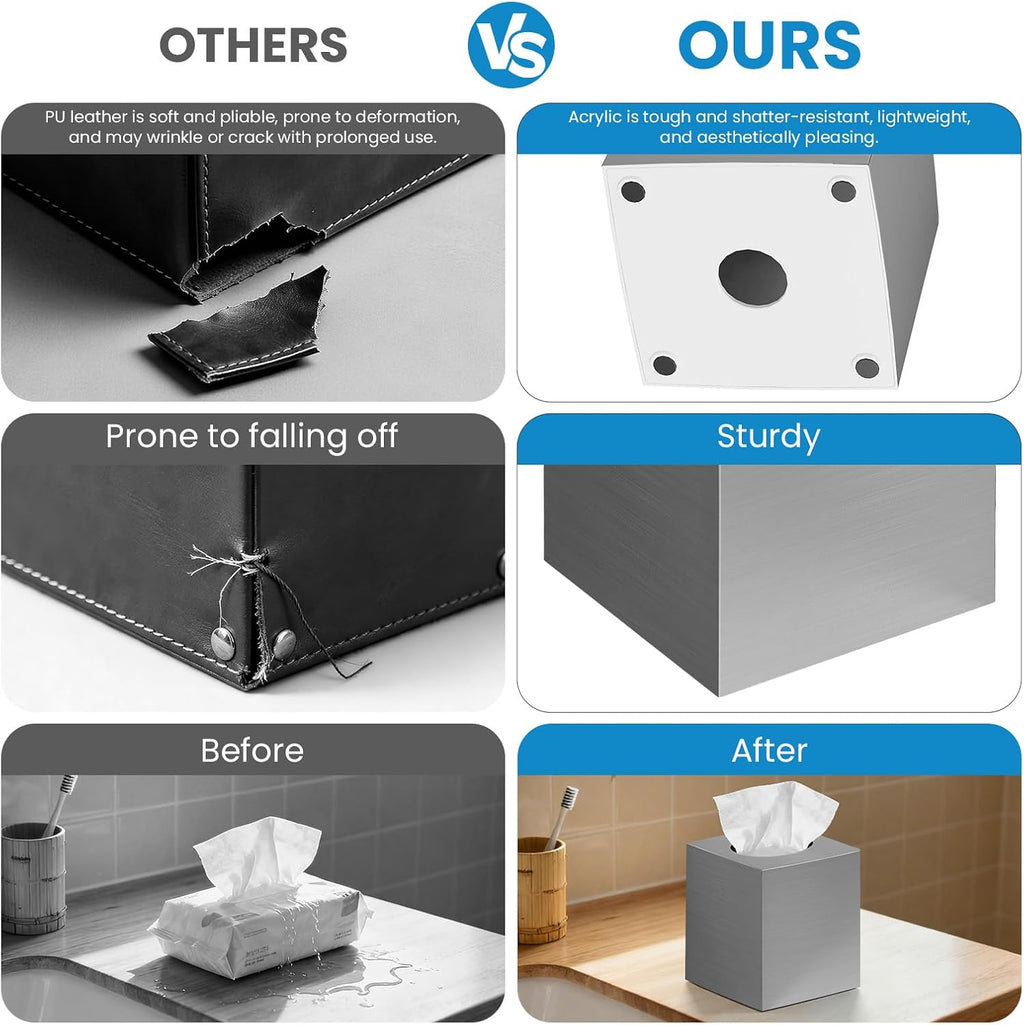 2 Pack Tissue Box Cover, Square Plastic Tissue Holder Non-Slip Base, Sliver