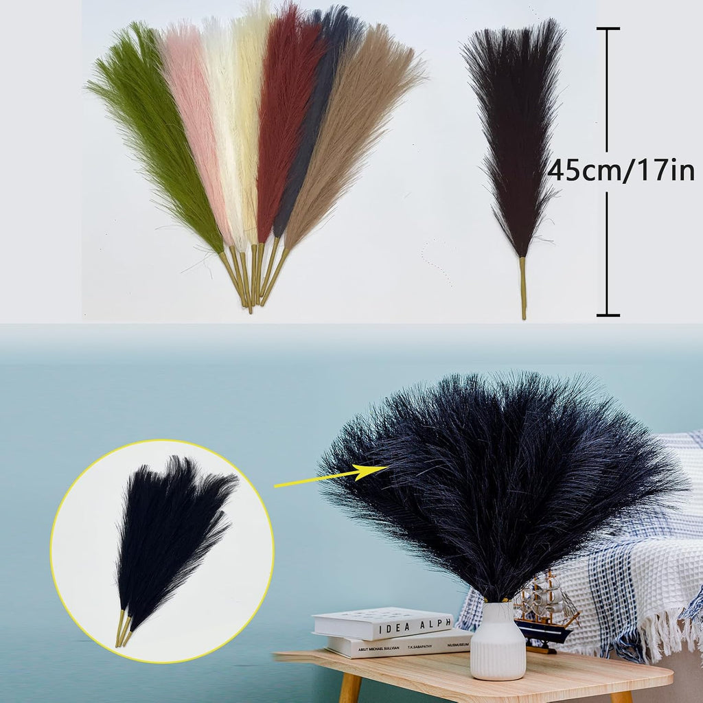Faux Pampas Grass Decor - Artificial Pampas Grass, Black & Beige, 10 Count, Indoor, 17 Inch/45 Cm, Fluffy Pompas Floral Arrangement