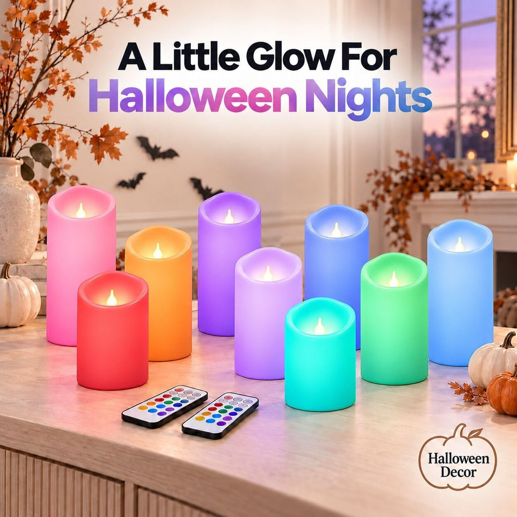 Enido Set of 9 Flameless Candles, Color Changing LED Candles(D: 3" x H: 4" 5" 6") Battery Operated Outdoor Waterproof Pillar Candles for Halloween and Christmas Decoration
