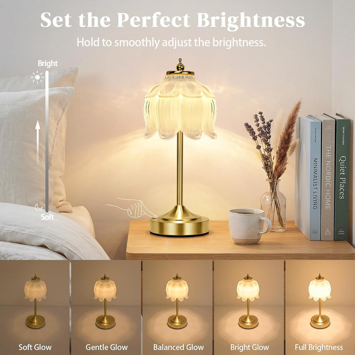 White Glass Flower Lamp, Rechargeable Cordless Table Lamp