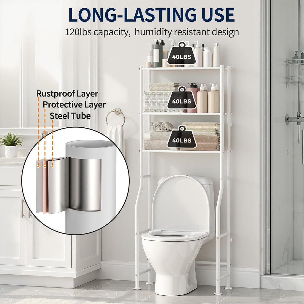 GloTika 3-Tier Over Toilet Storage Rack, Anti-Wobble, White