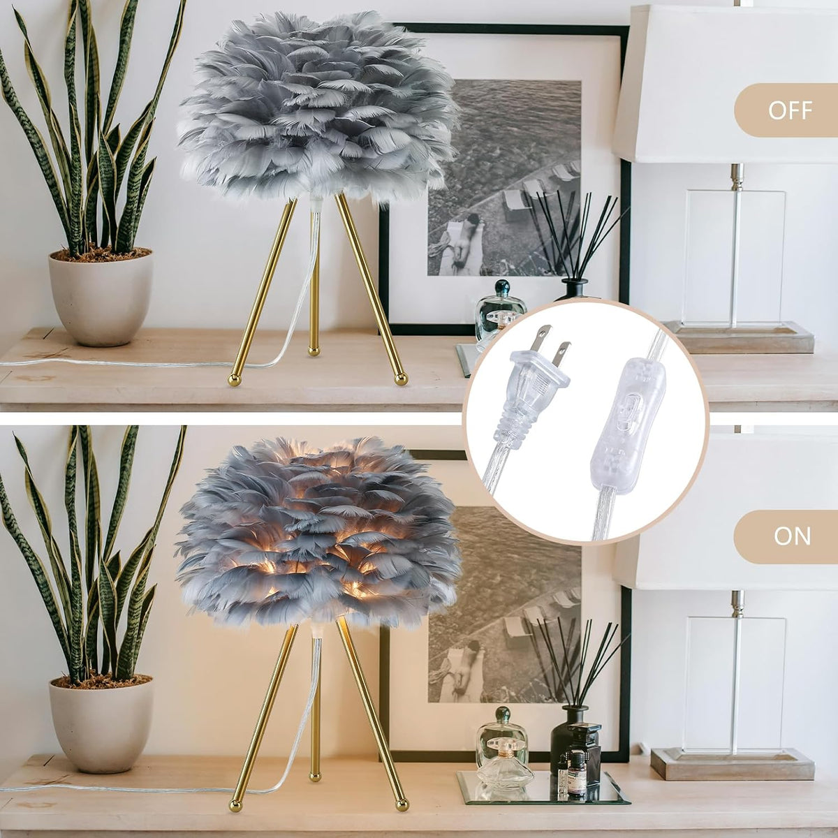 Capslpad 15.3" Feather Tripod Table Lamp - Grey Modern Desk Lamp With Gold Finish for Living Room, Kids, Bedroom, Nursery, Girls Decor - Small Bedside Nightstand Lamp
