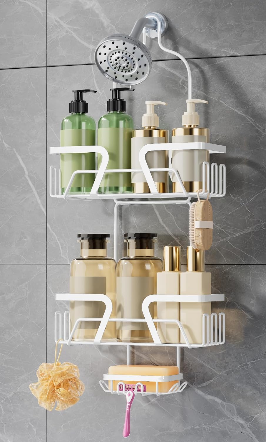 DAOYA White Shower Organizer Hanging - 2 Over The Shower Head Caddies + Soap Dish, Stainless Steel Rust-Free Bath Organizer