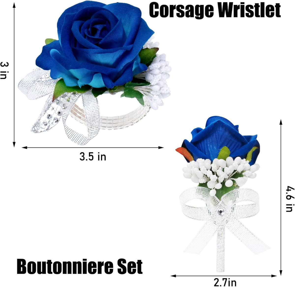 2Pcs Blue Rose Corsage and Boutonniere Set, Corsage Wristlet Band for Prom Suit Decorations, Artificial Boutonniere for Men Wedding Party Flower Accessories