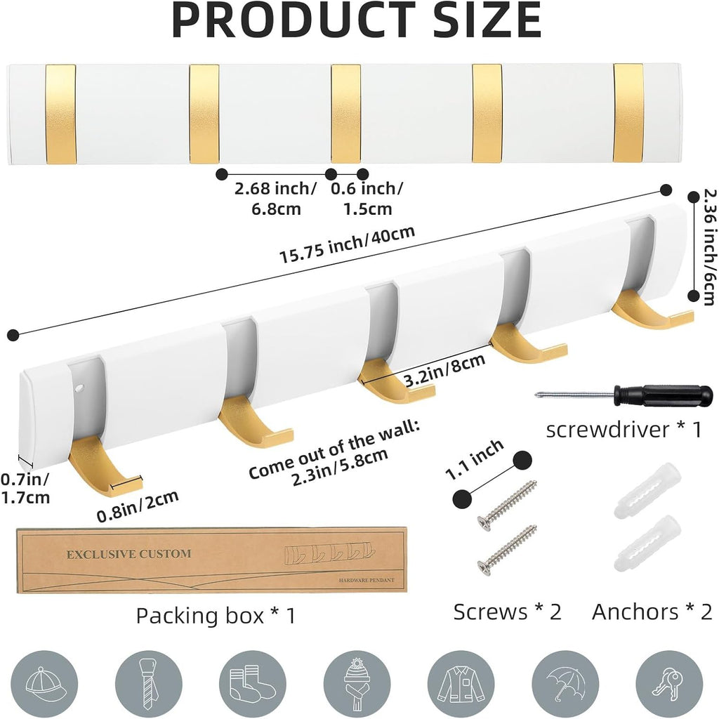 Foldable Stylish Modern Hook Rack with 5 Hooks, Coat Hooks Wall Mount, Metal Coat Hook Rail for Coat Hat Towel Purse Robes Mudroom Bathroom Entryway (White and Gold)
