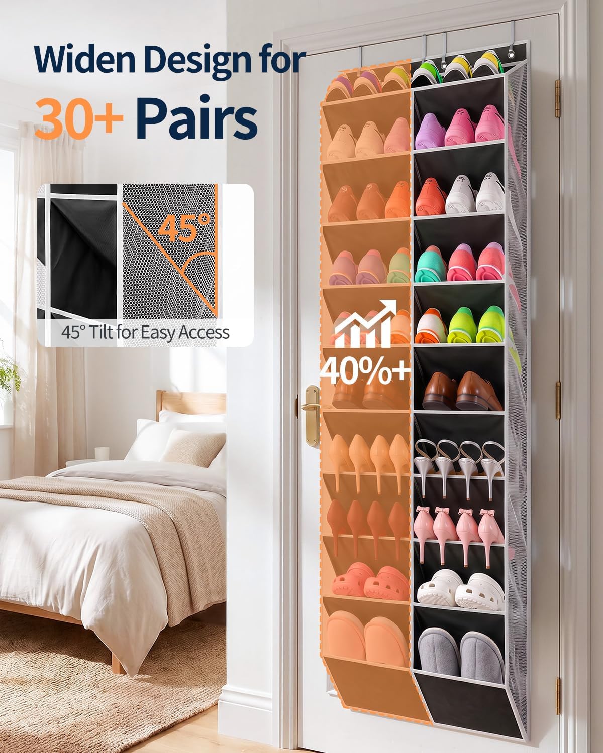 Yecaye 10 Tier Widen Over the Door Shoe Organizer for 20-30 Pairs, Black
