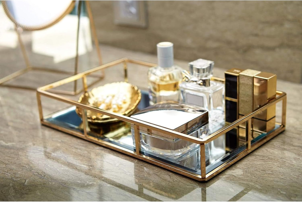 PuTwo Tray Mirror Gold Dresser Ornate Metal Decorative Jewelry Organizer