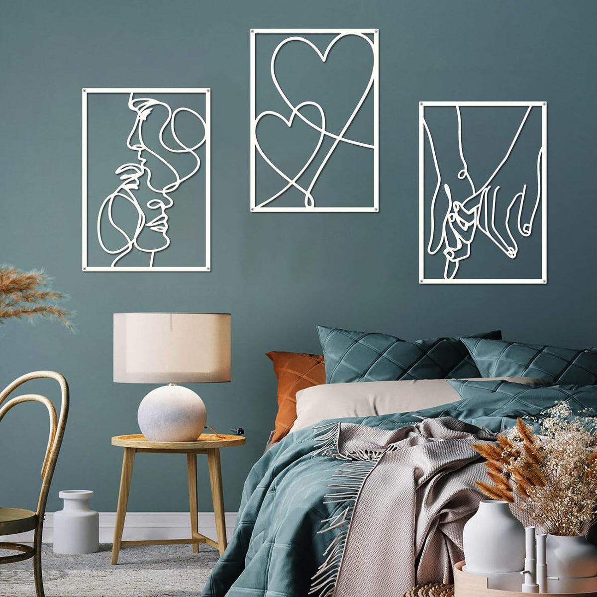 ESTART 3 Pcs Metal Minimalist Line Wall Art, Love Heart Metal Wall Decor