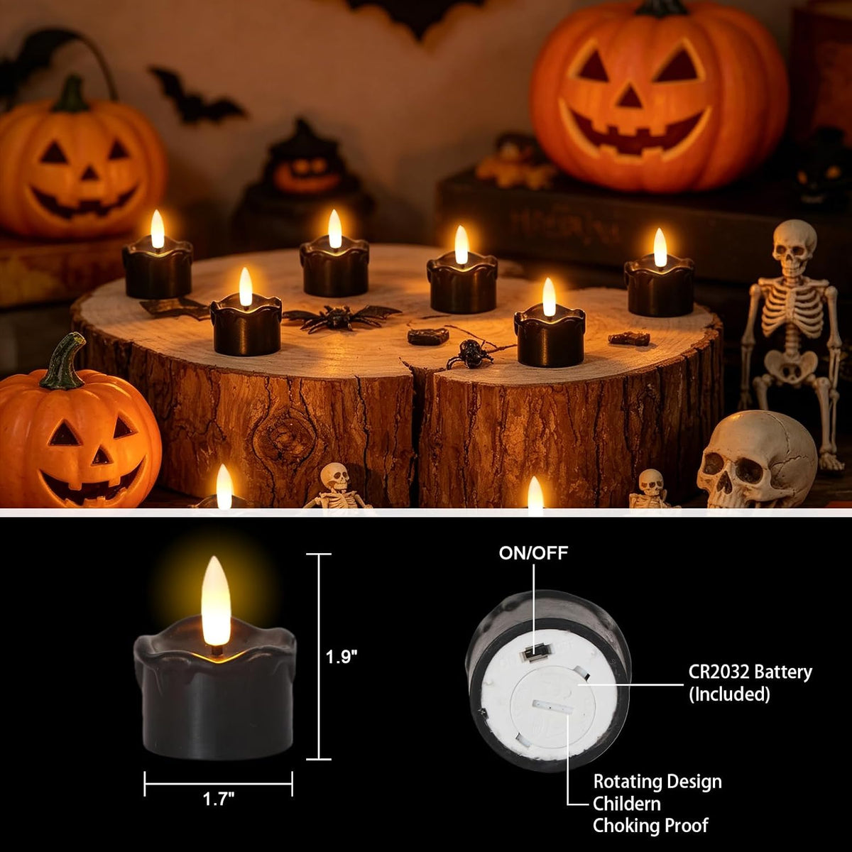Wondise 12pcs Black Real Wax Halloween Flameless Tea Lights with 6H Timer