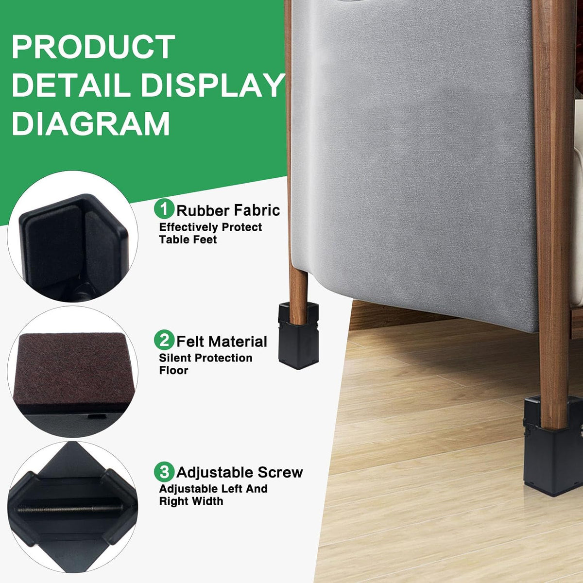 4Pcs Adjustable Furniture Risers with Screw Clamp, Sturdy Desk Risers for Desk Legs, Bed Risers Heavy Duty, Table Risers for Chair Frame Width from 0.8-1.6in, Supports 4409lbs (3In)