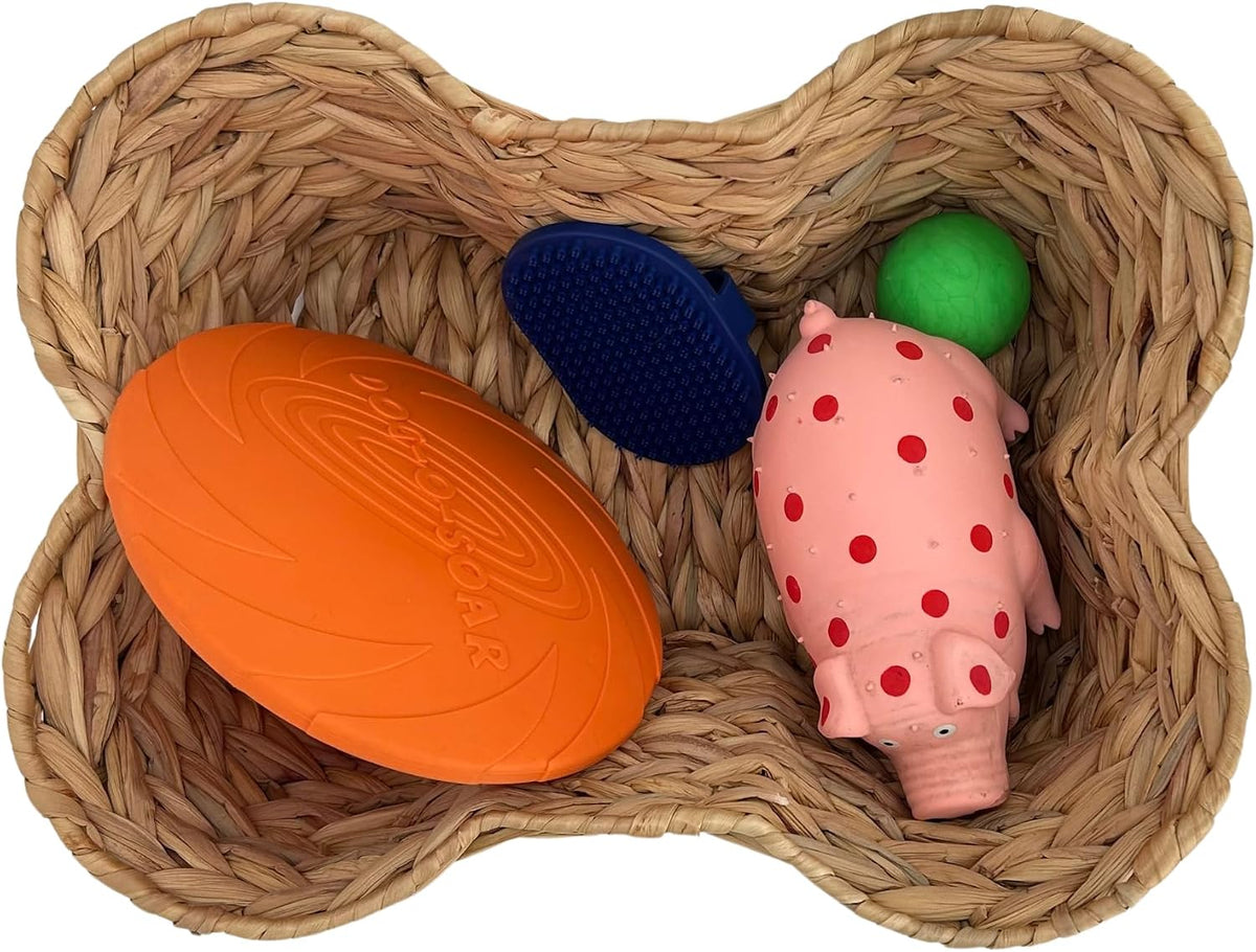 OtterPets Dog Toy Basket, Hyacinth Bone Shaped Dog Toy Bin, 17x13