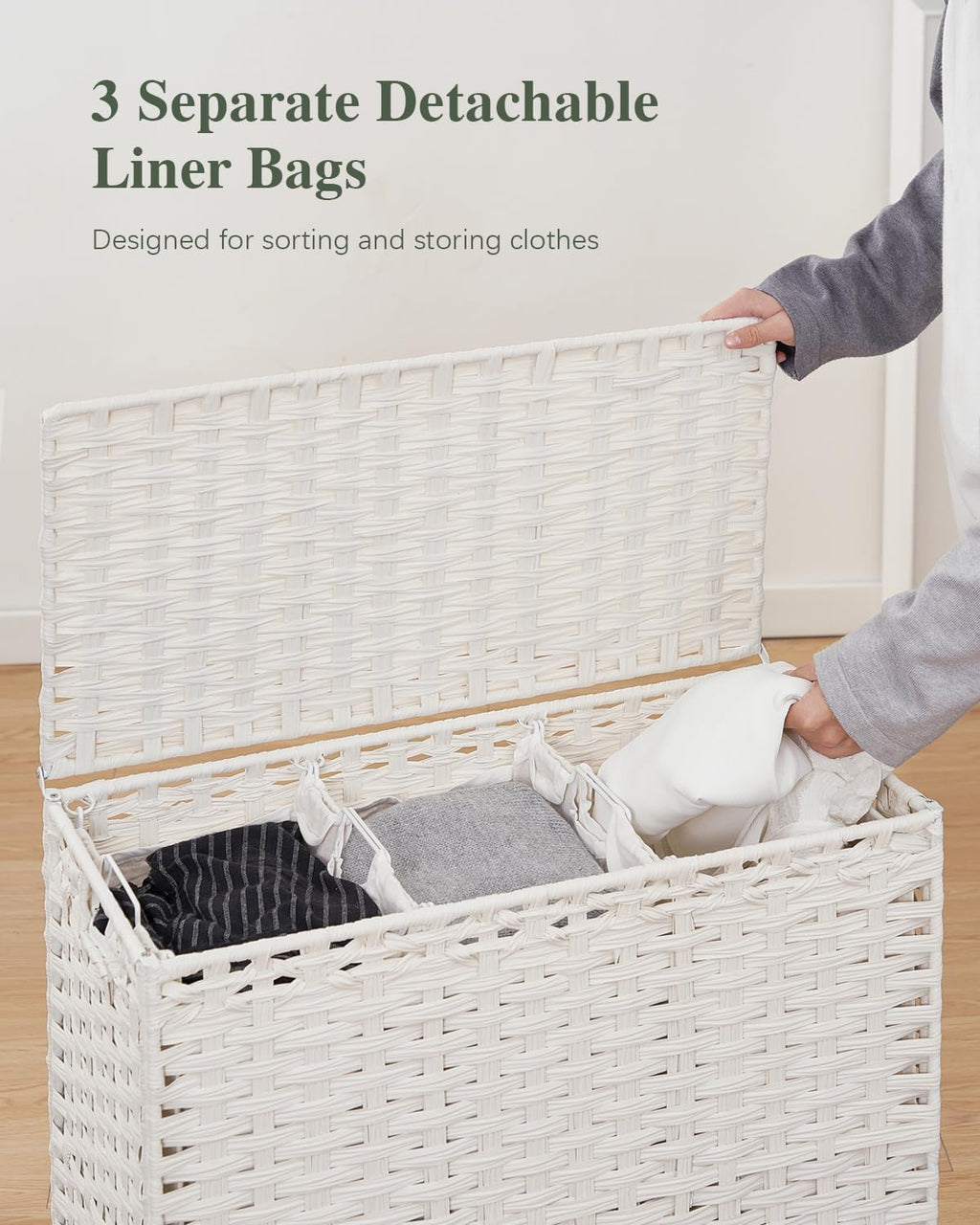 SETVSON Laundry Hamper with Lid, Large 132L Rattan Basket, White