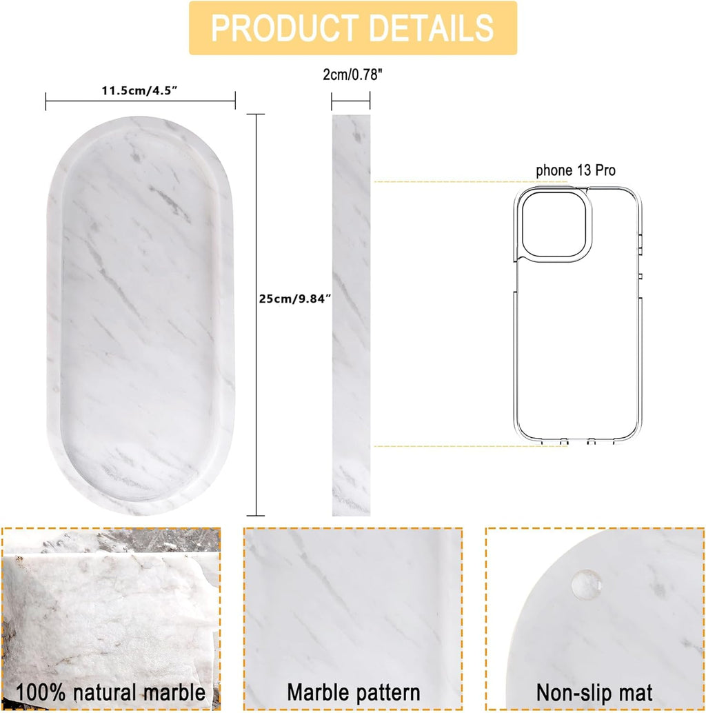 Natural Marble Vanity Tray Waterproof Italy Stone Bathroom Organizer for Perfume, Candles & Jewelry Non-Slip Oval Storage Tray for Spa, Bedroom, Kitchen 9.8" x 4.5" White (BH101)