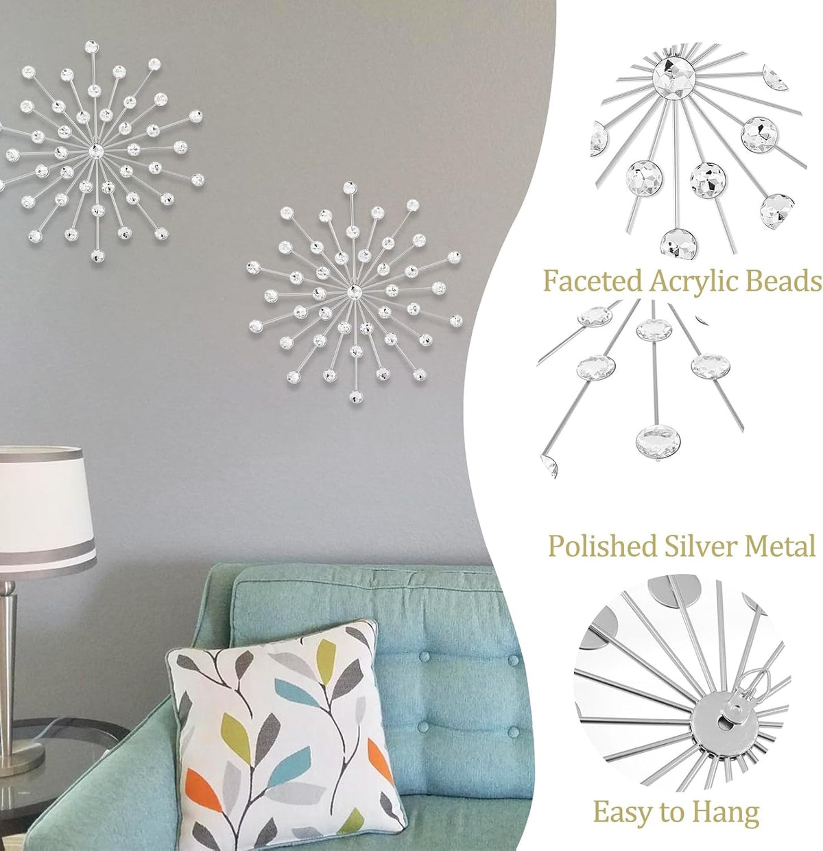 SIYIKRYP Set of 3 Crystal Sunburst Wall Decor – 11.8" Silver Metal Wall Art with Rhinestone Accents – Modern 3D Starburst Hanging Ornaments for Living Room, Bedroom, Office