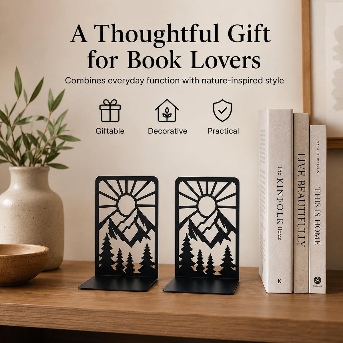 Mountain and Forest Sunrise Bookends, Set of 2 (1 Pair), Matte Black Metal Book Ends for Shelves, Bookshelf, Desk and Home Library Decor