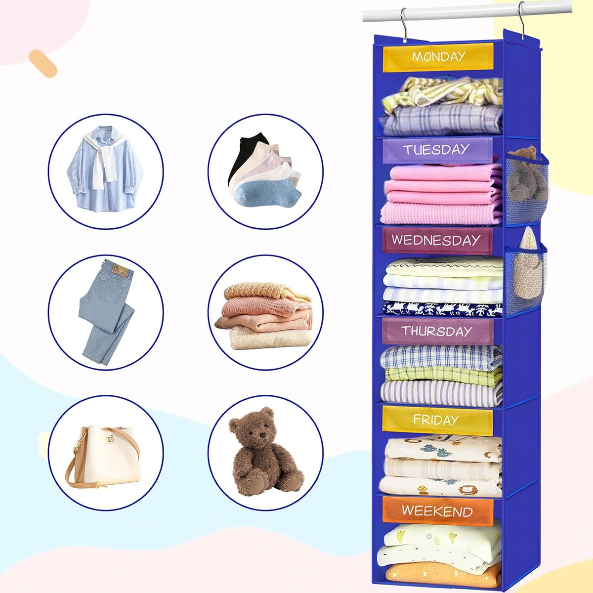 homyfort Weekly Clothes Organizer for Kids, 6-Shelf Hanging Closet Organizer with Colorful Labels, Space Saving Design with 2 Pockets, Daily Hanging Closet Shelves for Kids Room Storage, Blue