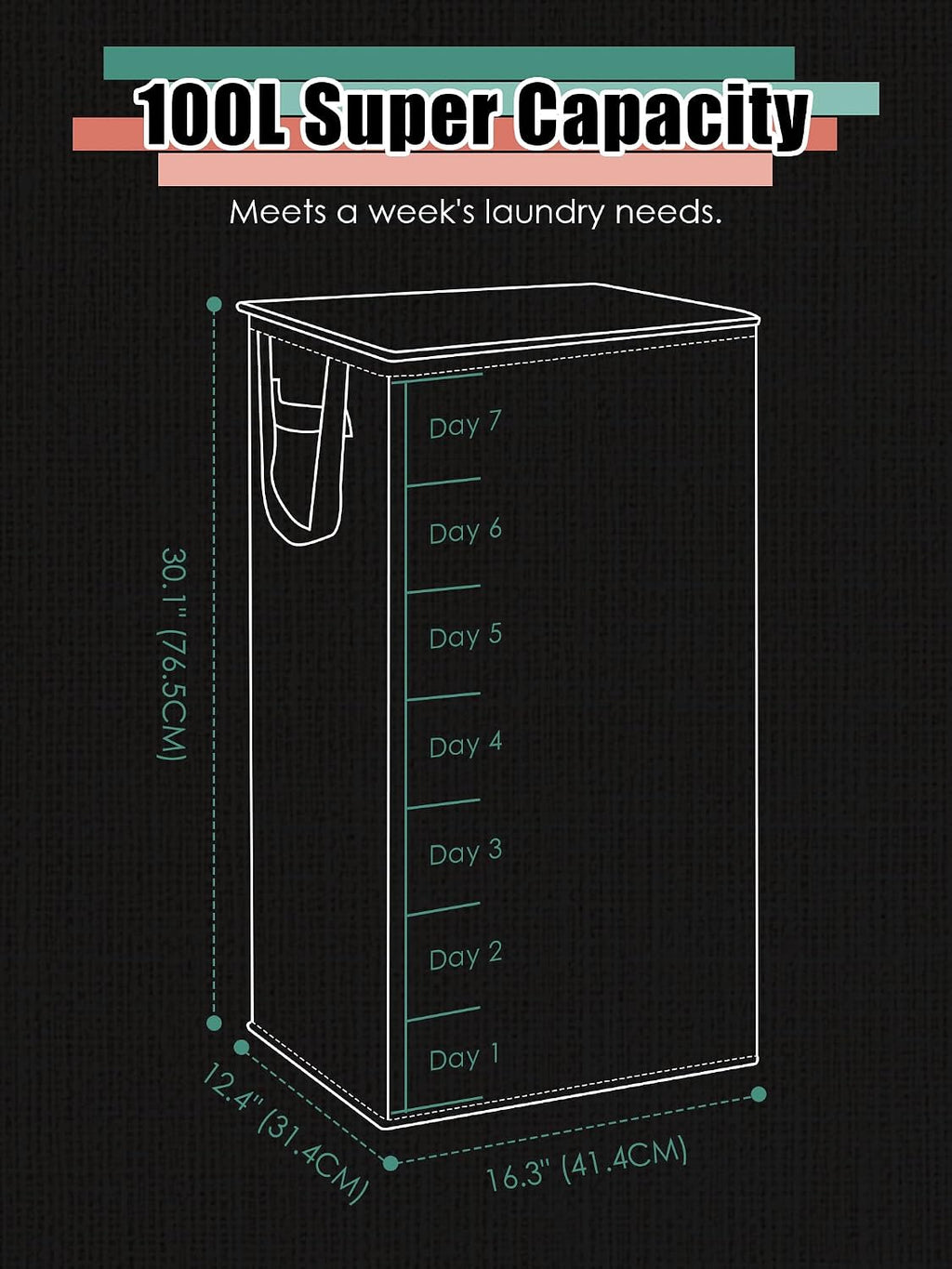 WTREE Laundry Hamper with Lid, Reinforced Sturdy Clothes Hamper with Anti-Puncture Base, Large Collapsible Laundry Basket with Removable Liner Bag, Tall Dirty Clothes Bin for Family, 100L Black