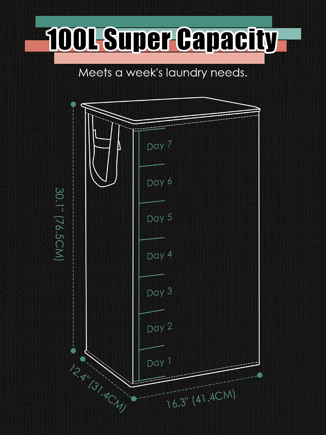 WTREE Laundry Hamper with Lid, Reinforced Sturdy Clothes Hamper with Anti-Puncture Base, Large Collapsible Laundry Basket with Removable Liner Bag, Tall Dirty Clothes Bin for Family, 100L Black