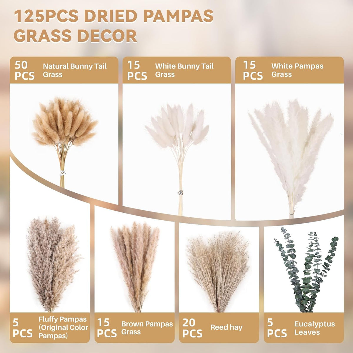 125Pcs Natural Dried Pampas Grass Decor 7 Types Dried Flowers