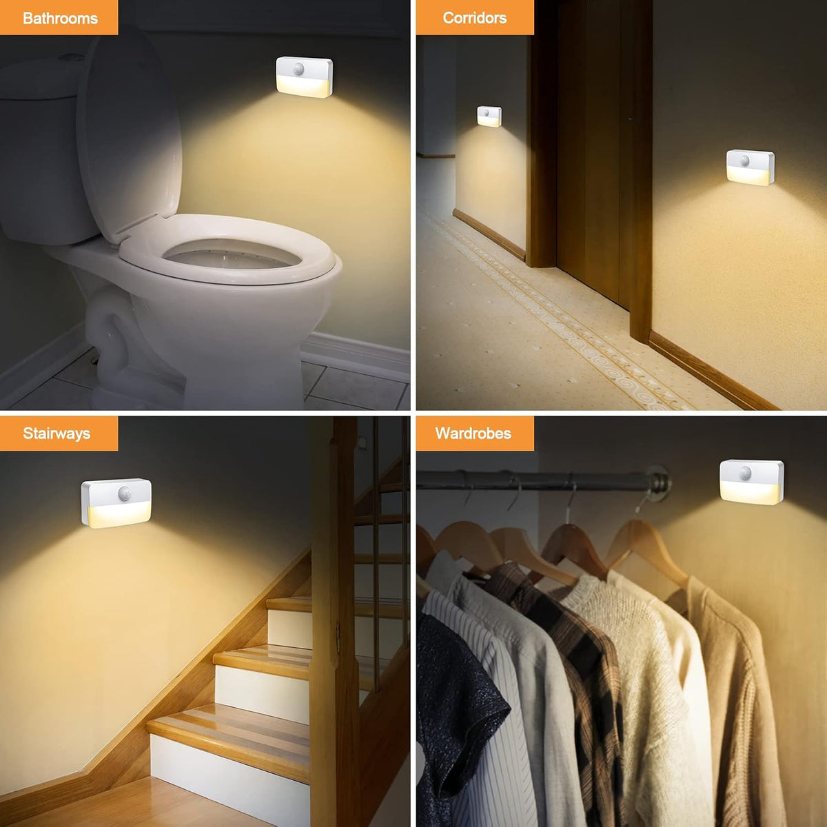 【4 Pack】 Motion Sensor Night Light, Stick-On Motion Sensor Lights Indoor, Battery Powered Under Cabinet Kitchen Lights with Adhesive Pads, Auto/On/Off for Cupboard Wardrobe Stair Kitchen- Warm White