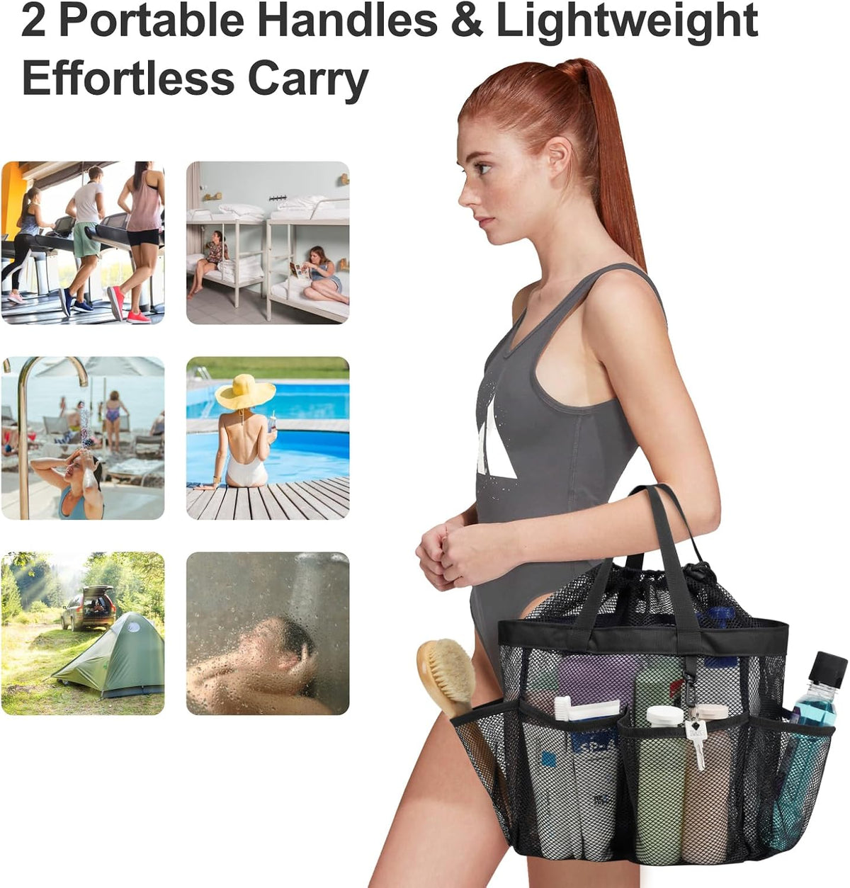 Mesh Shower Caddy Portable with Drawstring - 2-Handle Shower Bag for Dorm