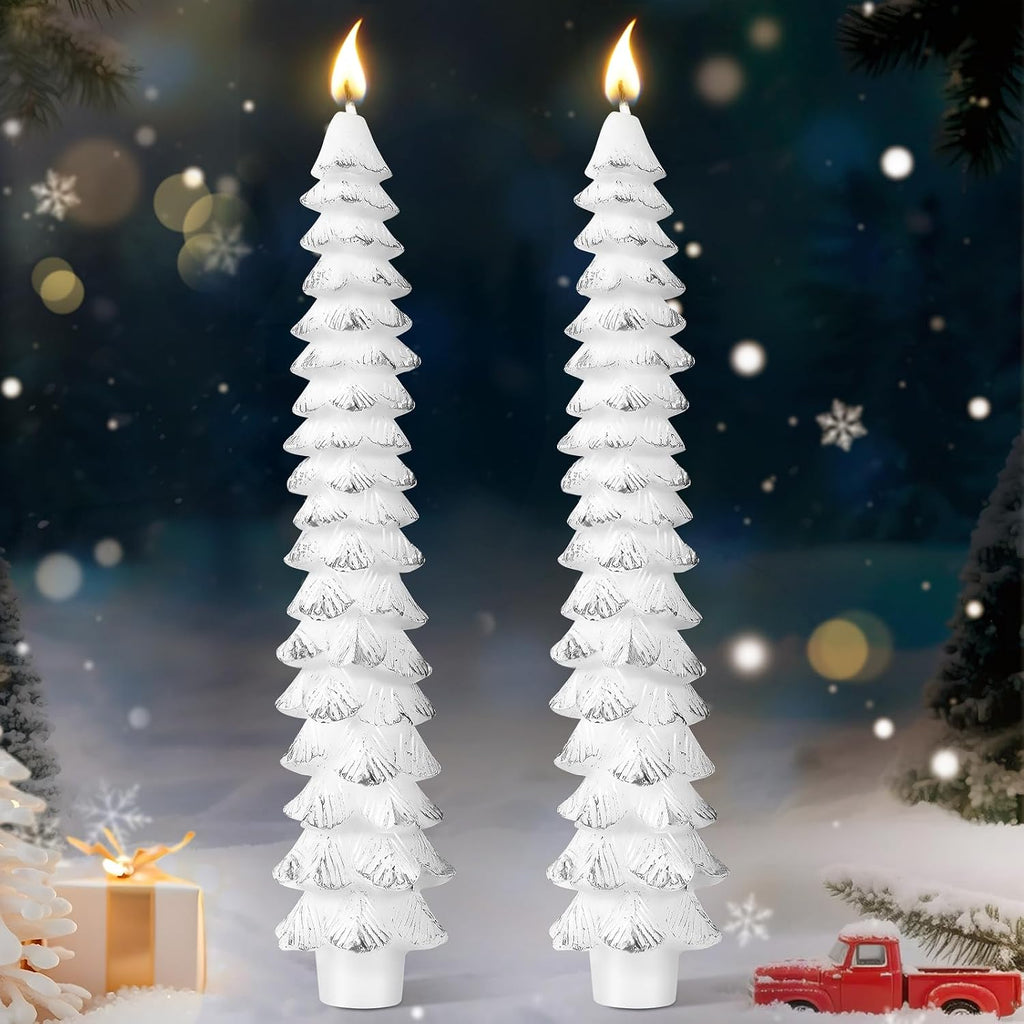 2 Pcs 10 Inch Christmas Tree Candles, Premium Natural Unscented Beeswax Christmas Tree Shaped Taper Candles with Cotton Wick, for Xmas Holiday Decor Party Banquet(White with Silver Trim)