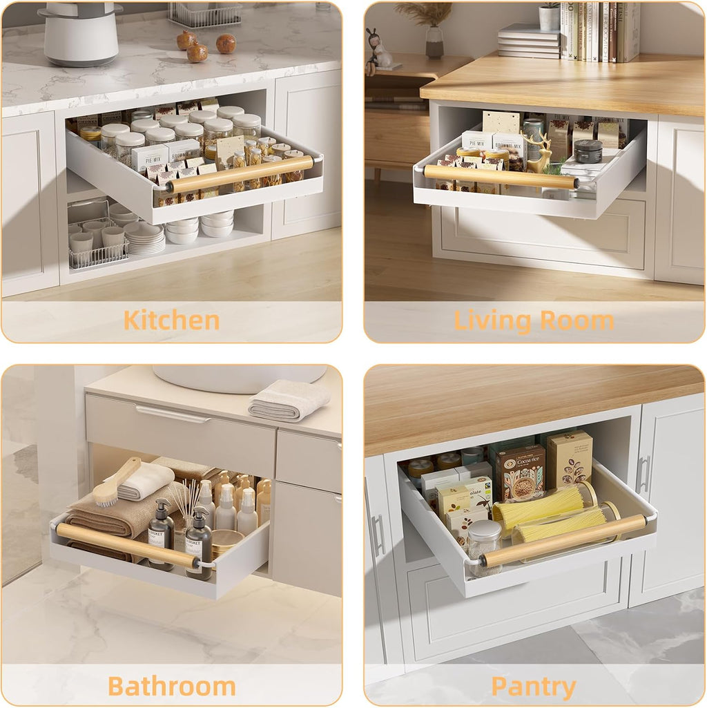 Pull Out Cabinet Organizer, 15.3'' Deep Expandable Slide Out Cabinet Organizer Fixed with Adhesive Nano Film, Slide Out Drawers Pull Out Tray for Cabinet in Kitchen, Pantry, Bathroom, White