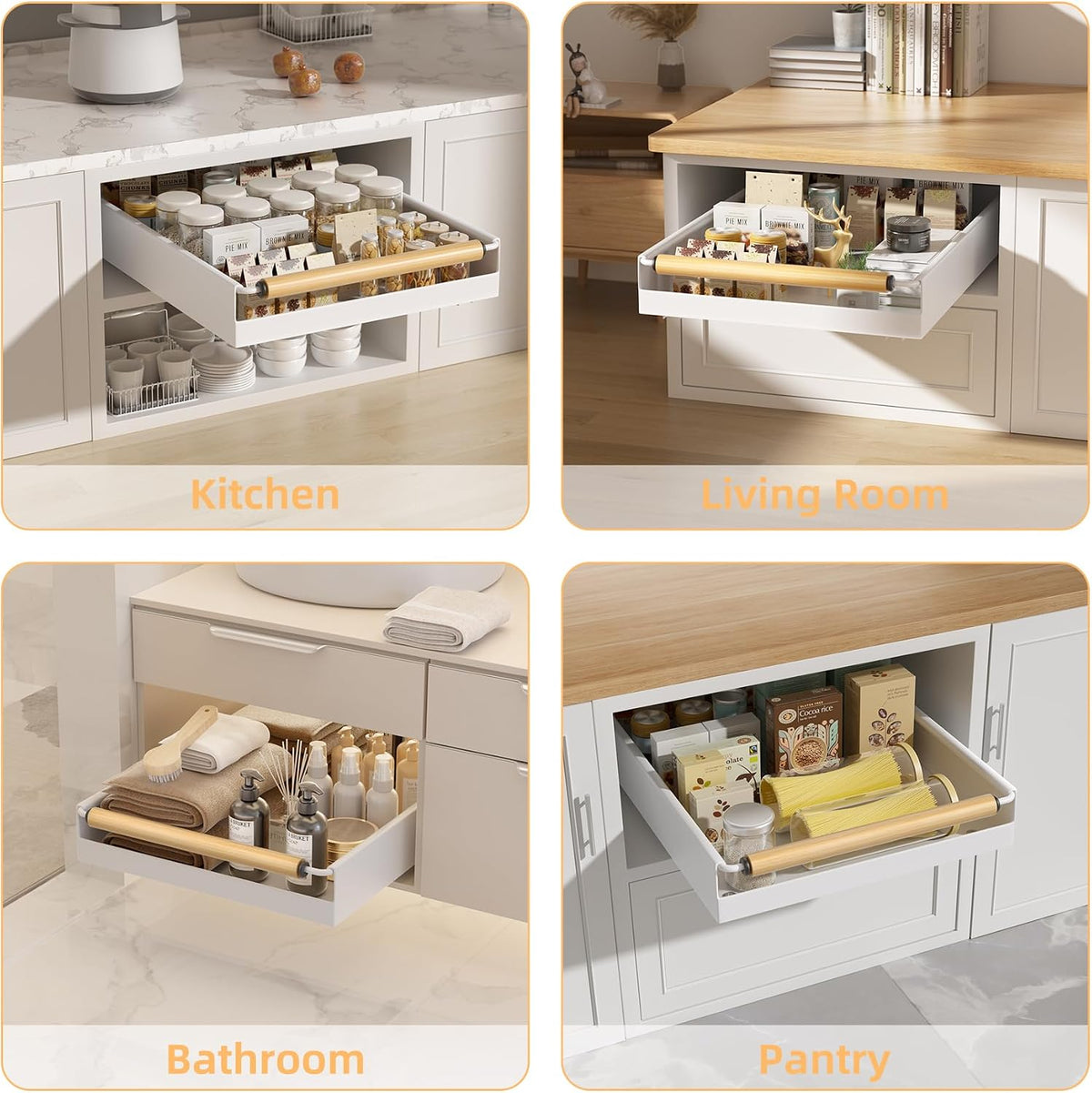 Pull Out Cabinet Organizer, 15.3'' Deep Expandable Slide Out Cabinet Organizer Fixed with Adhesive Nano Film, Slide Out Drawers Pull Out Tray for Cabinet in Kitchen, Pantry, Bathroom, White