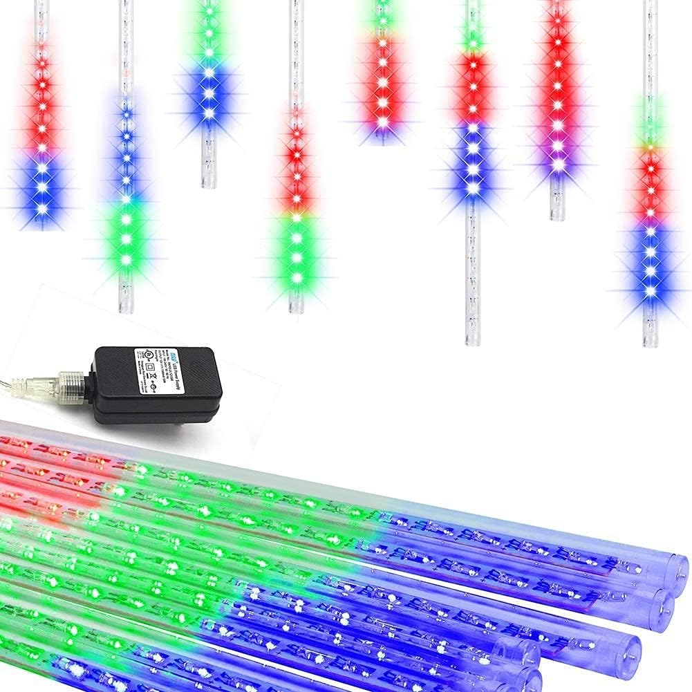 Weepong Meteor Shower Lights UL Certified 192LEDs 8 Tubes Falling Rain Drop Christmas Icicle Cascading Lights for Xmas Tree Halloween Decorations Wedding Party Holiday Garden Decor, Multicolor