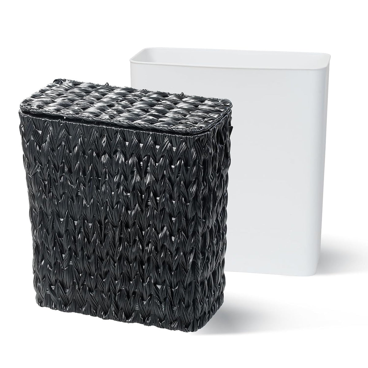 Wicker Trash Can with Lid & Liner, Small Bathroom Waste Basket, Black